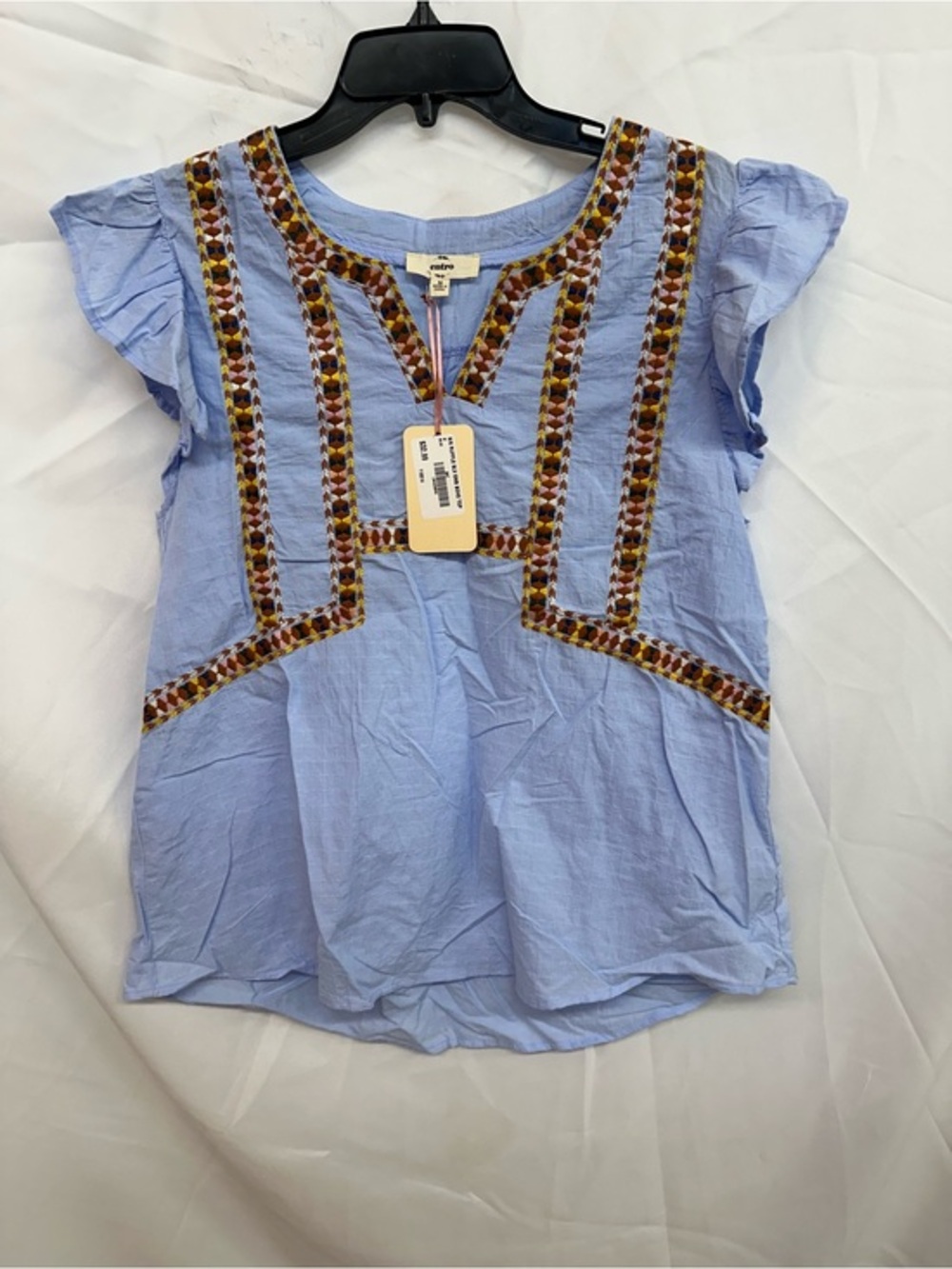 entro Light Blue Embroidered V-Neck Flutter Sleeve Top